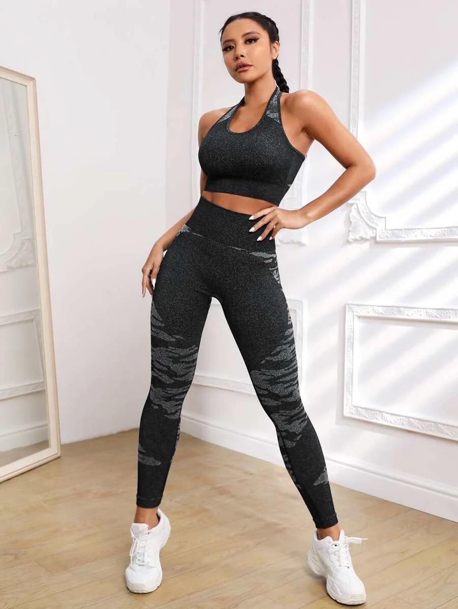 Костюм спортивный топ/леггинсы с пуш-ап эффектом M Черно-серый (IQ01M)