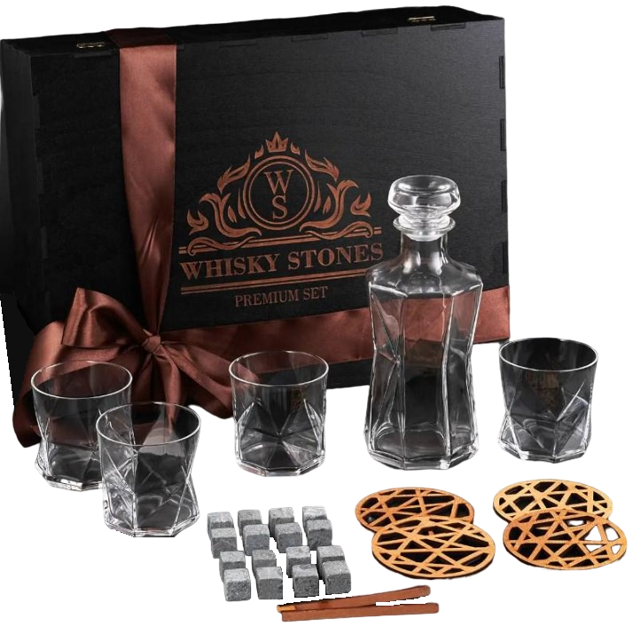 Подарочный набор для алкоголя камни для виски Whiskey Stones 16 шт./4 стакана Cassiopea 330 мл и графин 800 мл