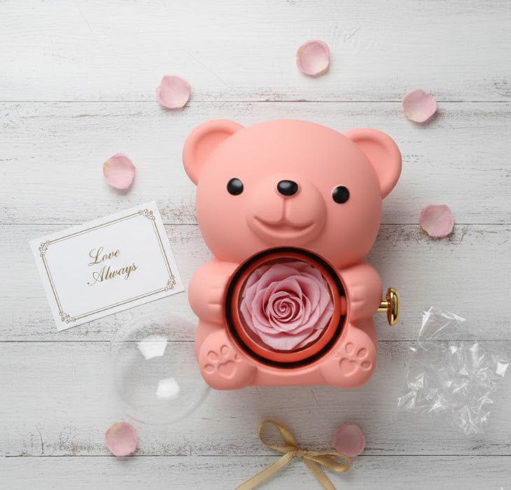 Шкатулка-медвежонок вращающийся для украшений с розой в колбе