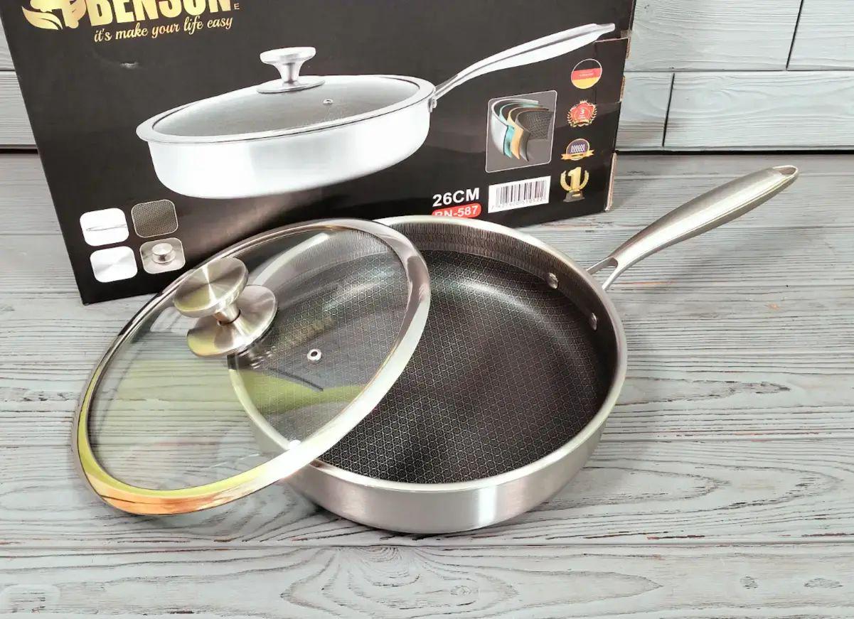 Сковорода глубокая Benson BN-587 26 см с антипригарным покрытием и паровыпуском из нержавеющей стали (opt-104111)