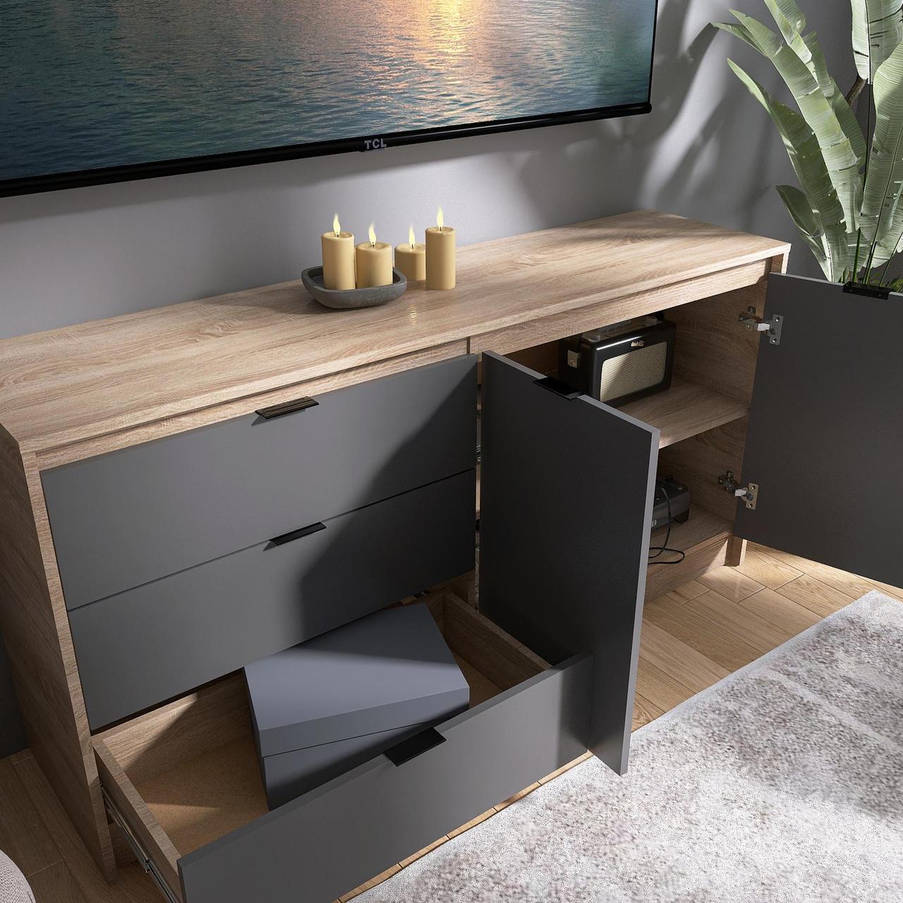 Комод с дверью и 3-мя ящиками Эверест Сити-1500 150 2х38х74 6 Дуб сонома/Графит (EVR-071101) - фото 3 Комод с дверью и 3-мя ящиками Эверест Сити-1500 150 2х38х74 6 Дуб сонома/Графит (EVR-071101) - фото 3