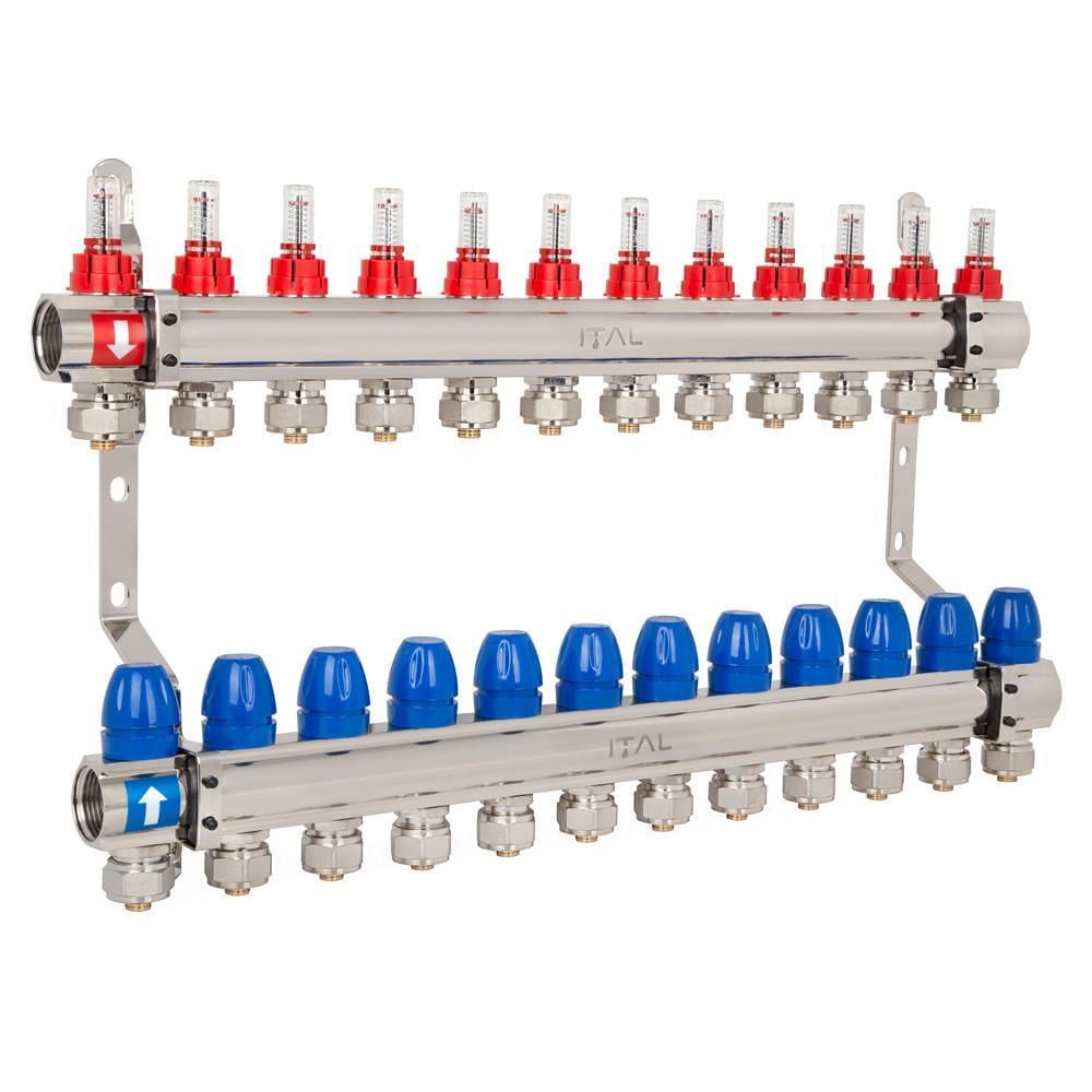Комплект коллектора с расходомерами ITAL IT012-H2001 из латуни 1"-3/4" евроконус на 12 выходов (1055680)