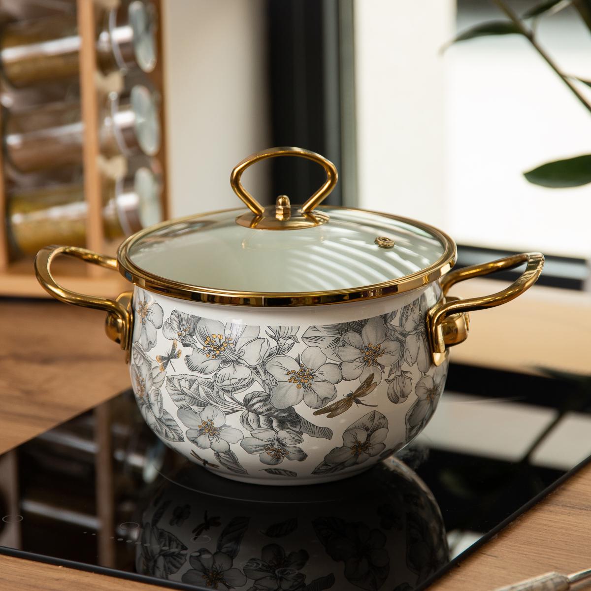 Кастрюля эмалированная Flowers со стеклянной крышкой 2 л (HP-2-105)