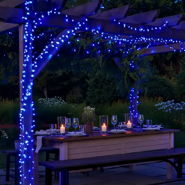 Гирлянда нить уличная 300 LED 30 м на солнечной батарее черная нить с пультом ДУ Синий