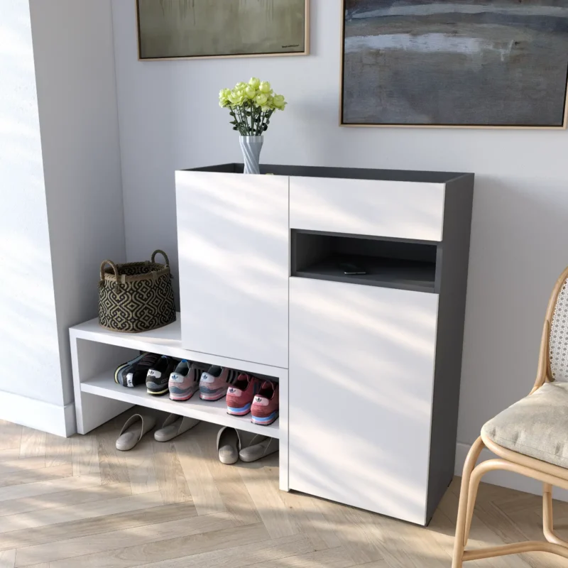Тумба-подставка RS-4 для обуви в прихожую с дверцей и ящиком 1350х400х1017 мм ДСП 16 мм Антрацит/Белый (20263026) - фото 1 Тумба-подставка RS-4 для обуви в прихожую с дверцей и ящиком 1350х400х1017 мм ДСП 16 мм Антрацит/Белый (20263026) - фото 1