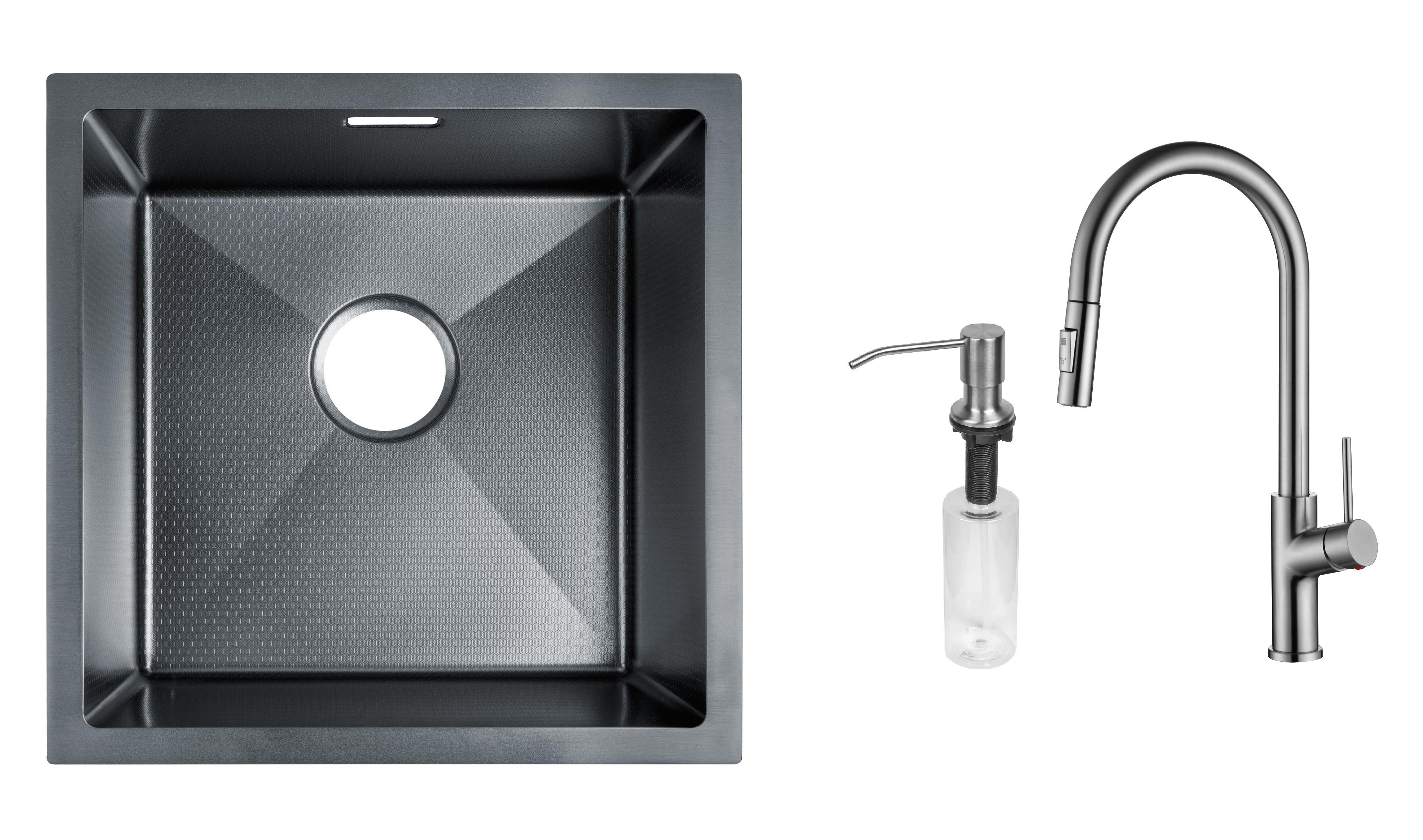 Комплект из кухонной мойки Gunter&Hauer Olef 4522 Black Honey кухонного смесителя Gunter&Hauer MOND Br и дозатора Gunter&Hauer Soap Dispenser Inox