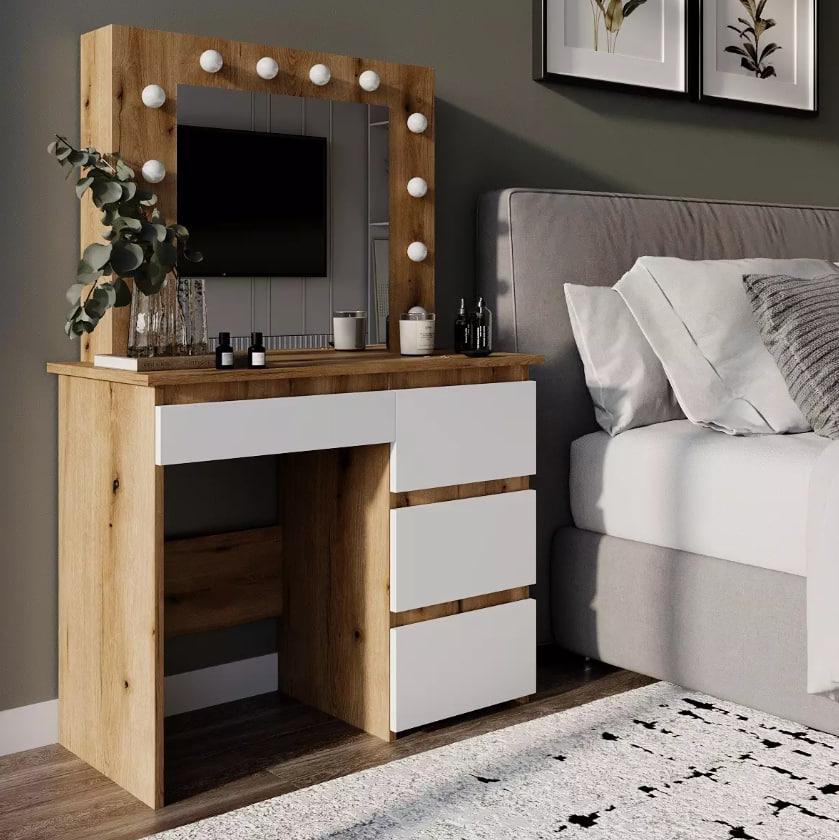 Столик для макияжа с зеркалом и подсветкой Beauty 94x140/75x43 см Дуб Эвок/Белый бриллиант (TB31070100000) - фото 2 Столик для макияжа с зеркалом и подсветкой Beauty 94x140/75x43 см Дуб Эвок/Белый бриллиант (TB31070100000) - фото 2