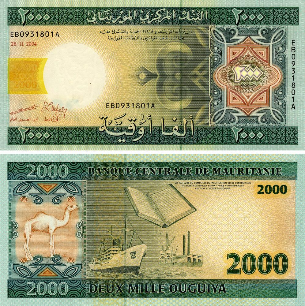 Коллекционная банкнота Мавритания 2000 угий 2004 UNC P14a (Б18136)