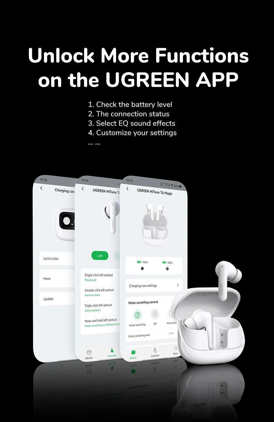 Навушники бездротові UGREEN EchoBuds Magic Кейс з LCD екраном ANC 52 дБ Hi-Res Audio LDAC Bluetooth 5.4 Білий (55137) - фото 4 Навушники бездротові UGREEN EchoBuds Magic Кейс з LCD екраном ANC 52 дБ Hi-Res Audio LDAC Bluetooth 5.4 Білий (55137) - фото 4