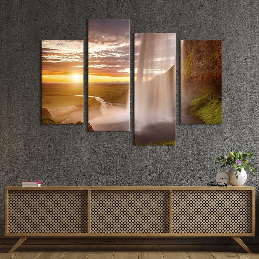 Модульная картина из четырех частей на холсте интерьерная картина Солнце и водопад 89x56 см (575-42)