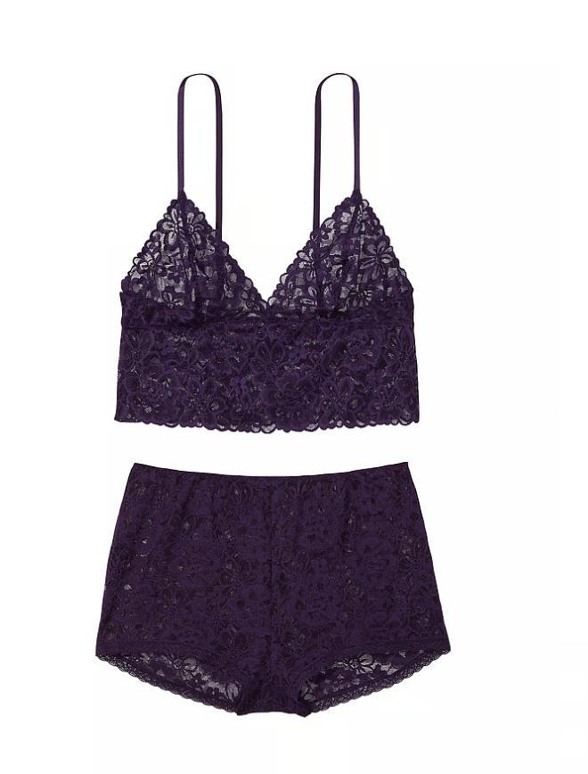 Мереживна піжама Victoria's Secret майка/шорти XS Темно-фіолетовий (83296082)