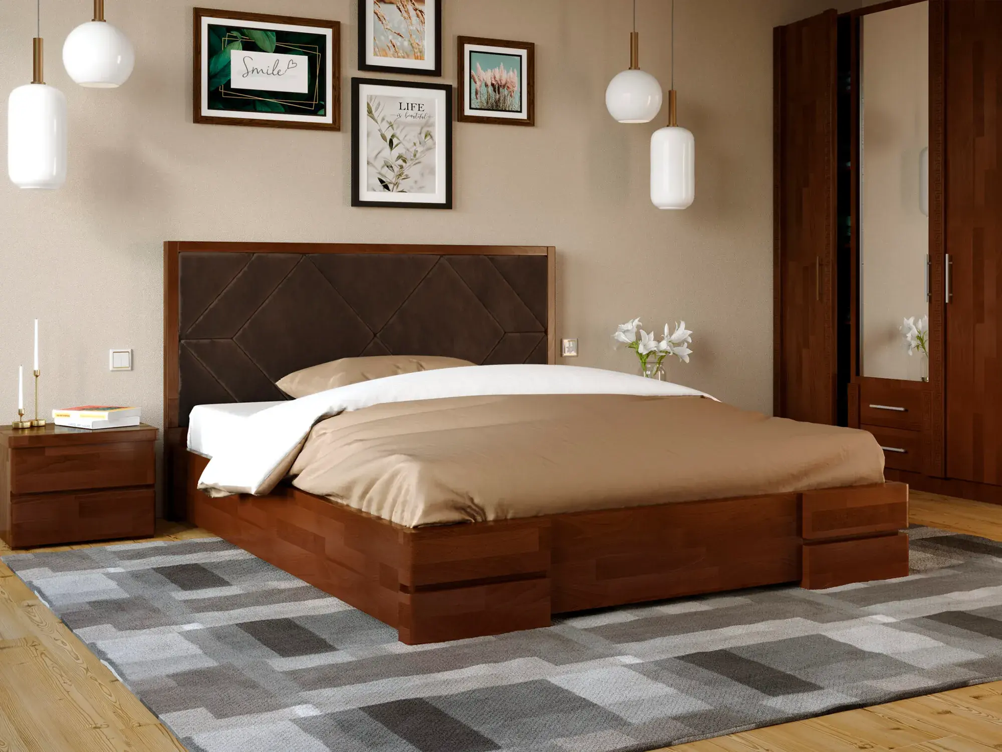 Кровать двуспальная Arbor Drev Тифани с подъемным механизмом 180x200 см Орех темный (19049919)