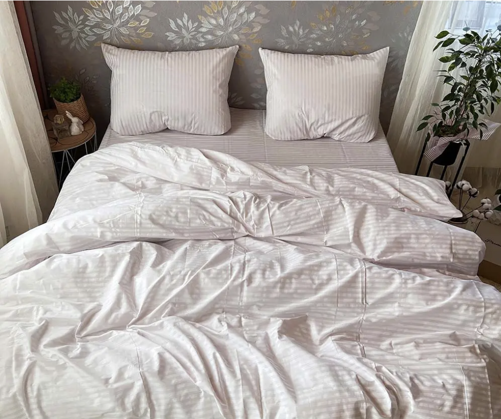 Комплект постільної білизни Gold У смужку євро Молочний (G21) - фото 1