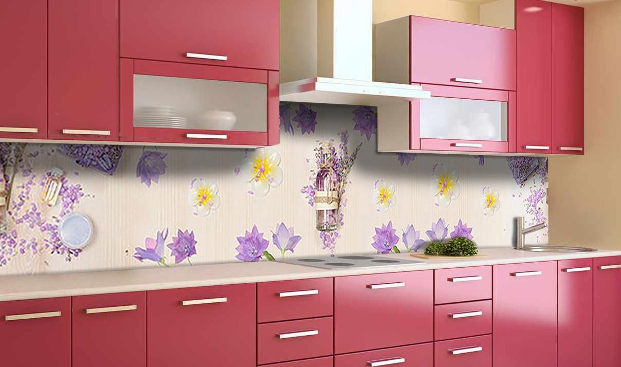 Кухонный фартук Лаванда и колокольчики из самоклеющейся виниловой пленки 60х250 см Бежевый