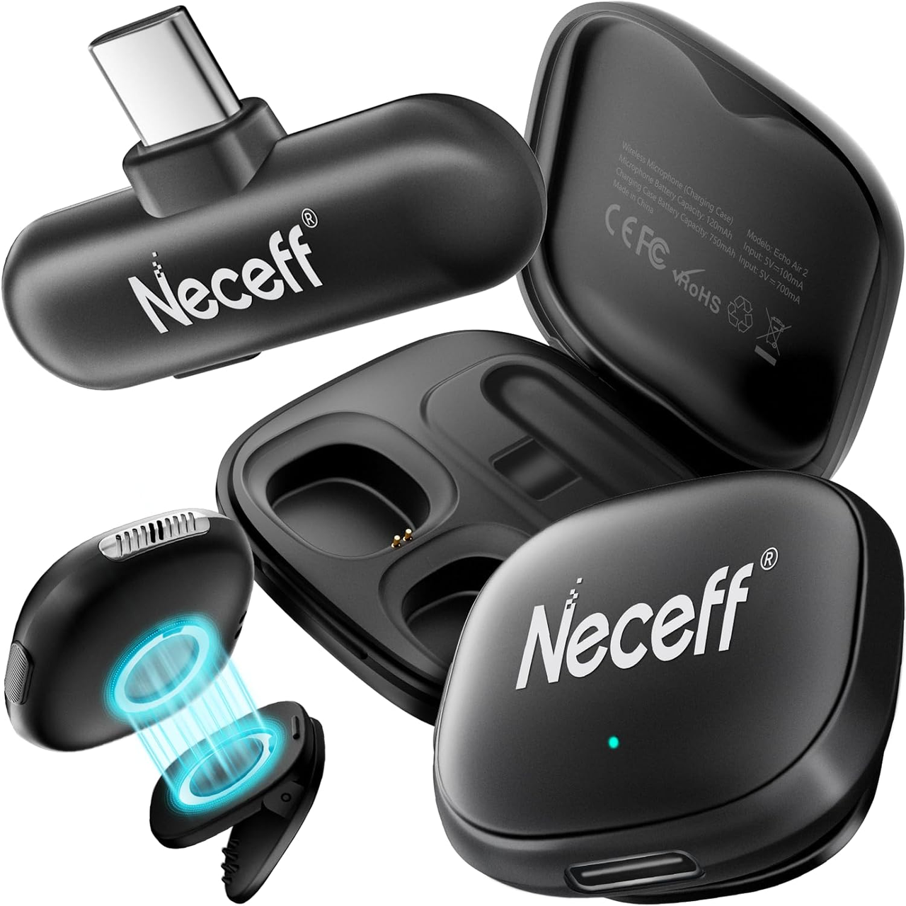 Мікрофон петличний Neceff Echo Air 2 з AI шумозаглушенням та кейсом (3078753133)