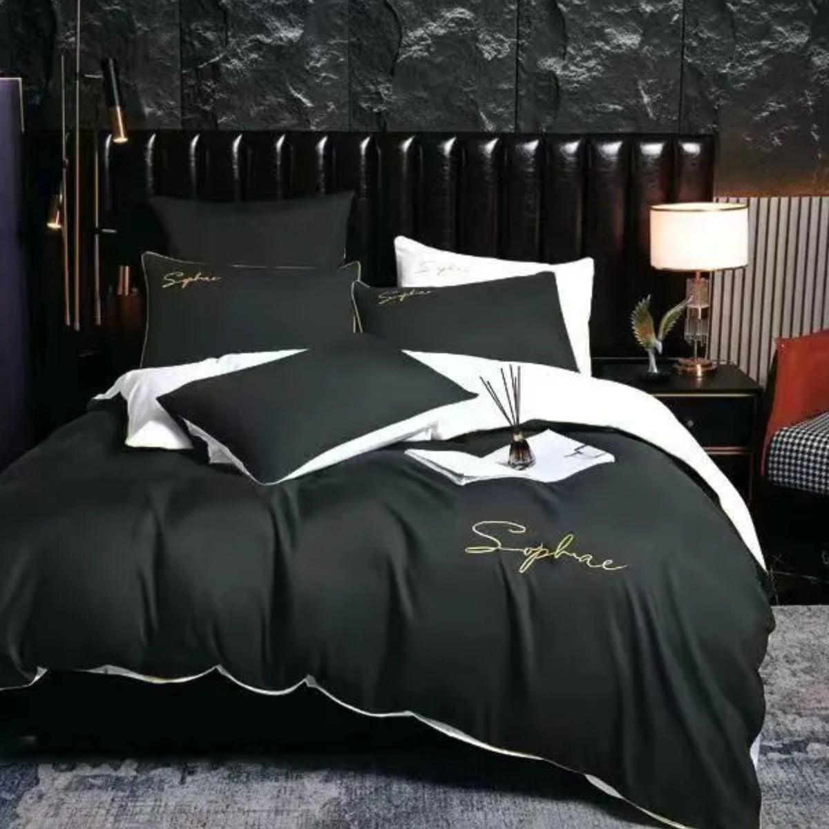 Комплект постельного белья Koloco Sophae сатин двуспальное Черный с белым (42549) - фото 1
