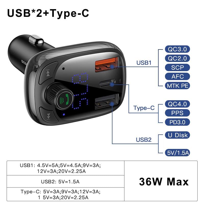 FM трансмиттер модулятор Baseus S-13 Bluetooth 5.0 c функцией зарядки 2xUSB Черный - фото 6