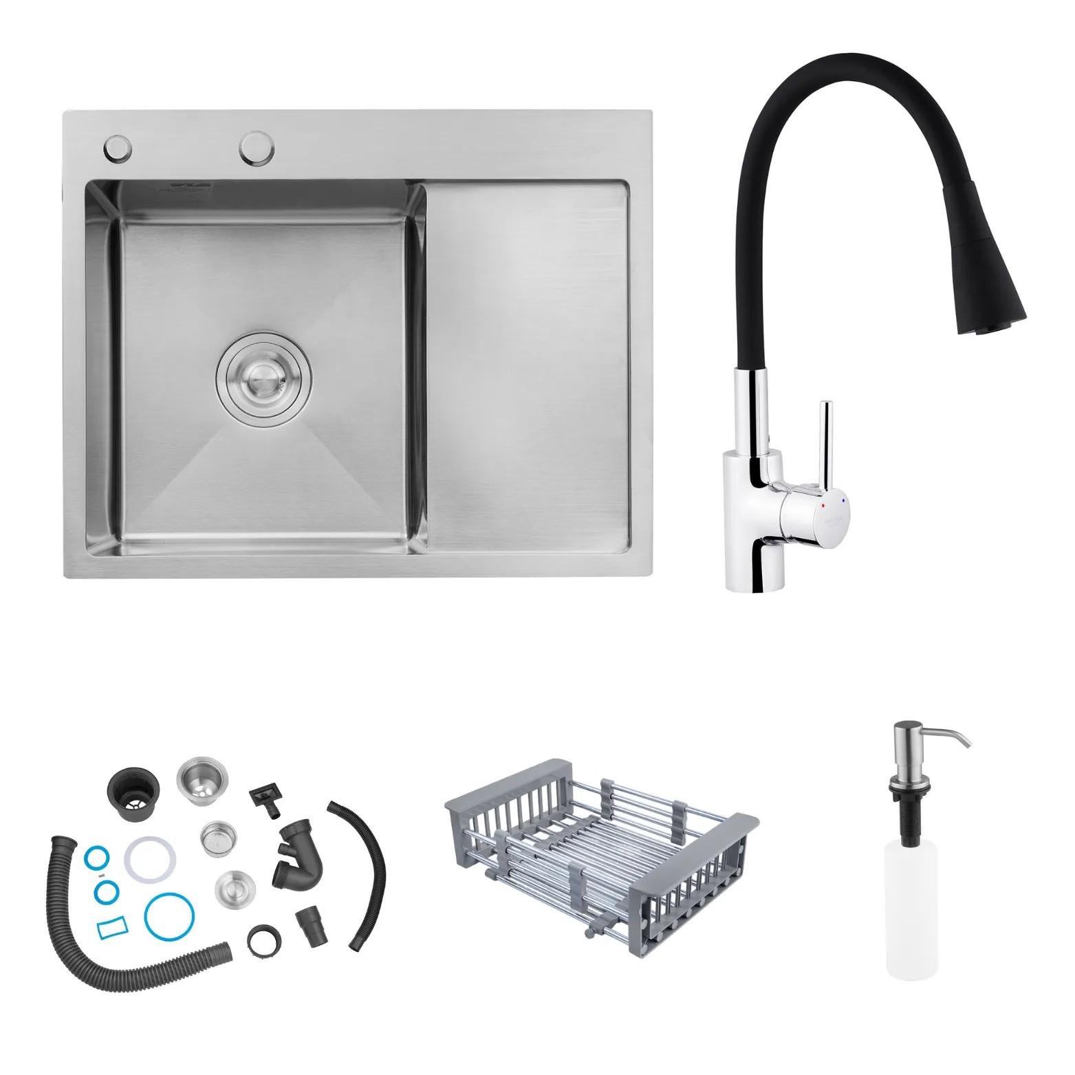 Мийка Kroner-6350LHM 3,0/1,0 мм ліва Сірий/змішувач-кран з гнучким виливом Kroner Küche-C031BLK