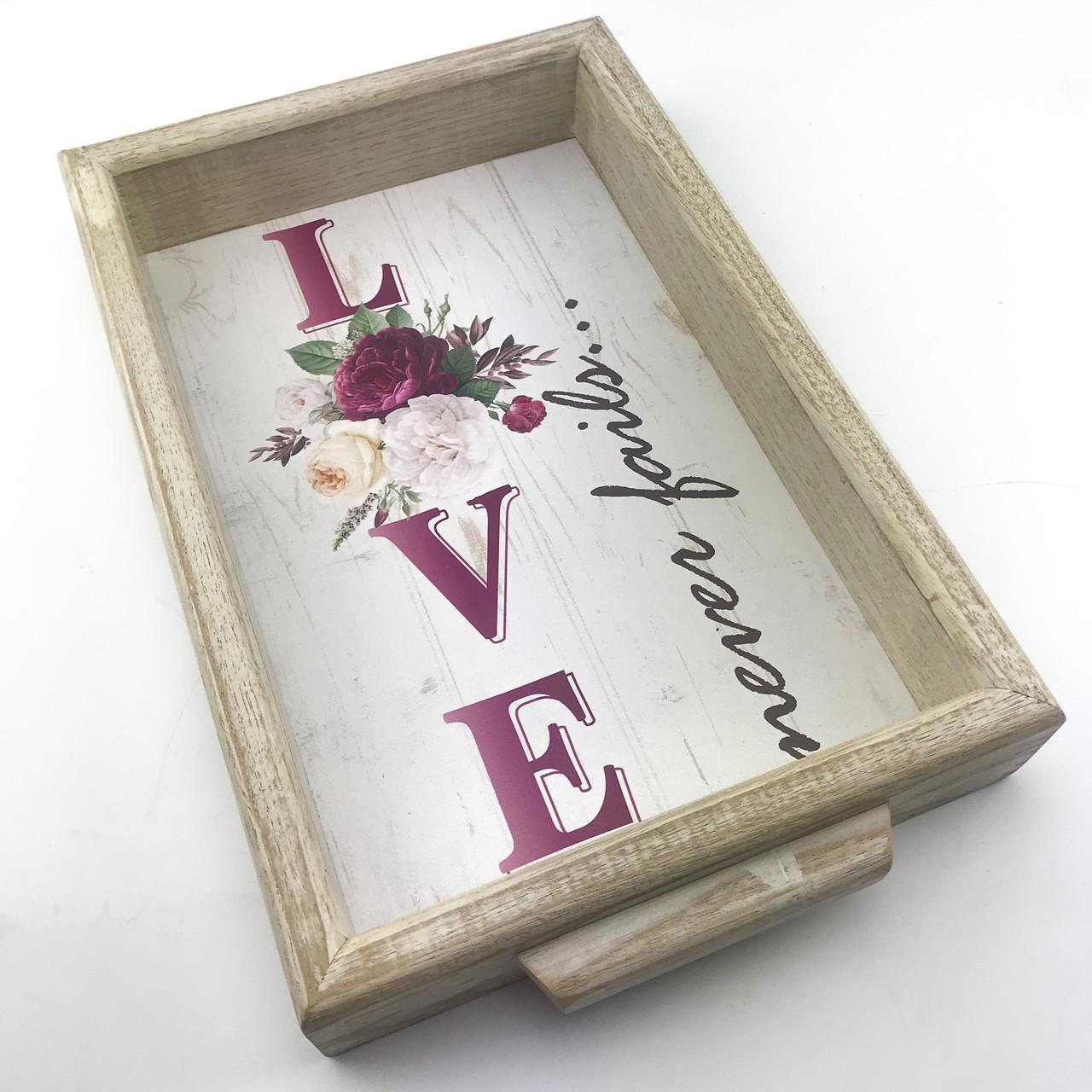 Поднос деревянный с ручками Love 30х40 см Белый (хрп0009ба)