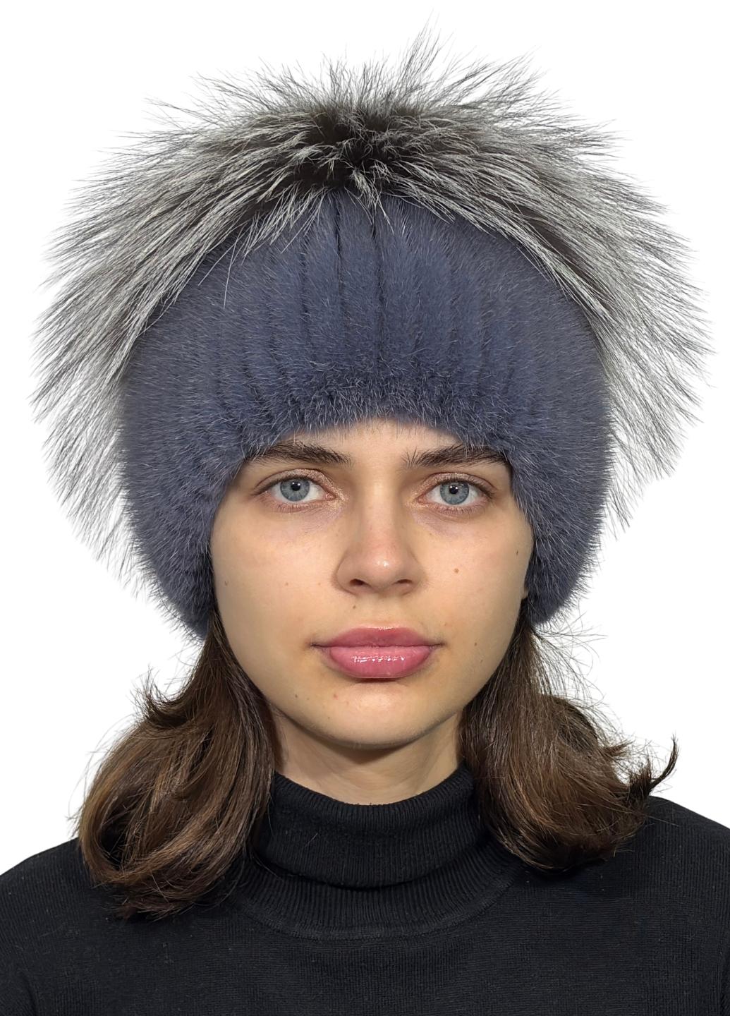 Зимняя шапка Меховой стиль Звездочка из вязаной норки натуральный мех Джинс (100/М)
