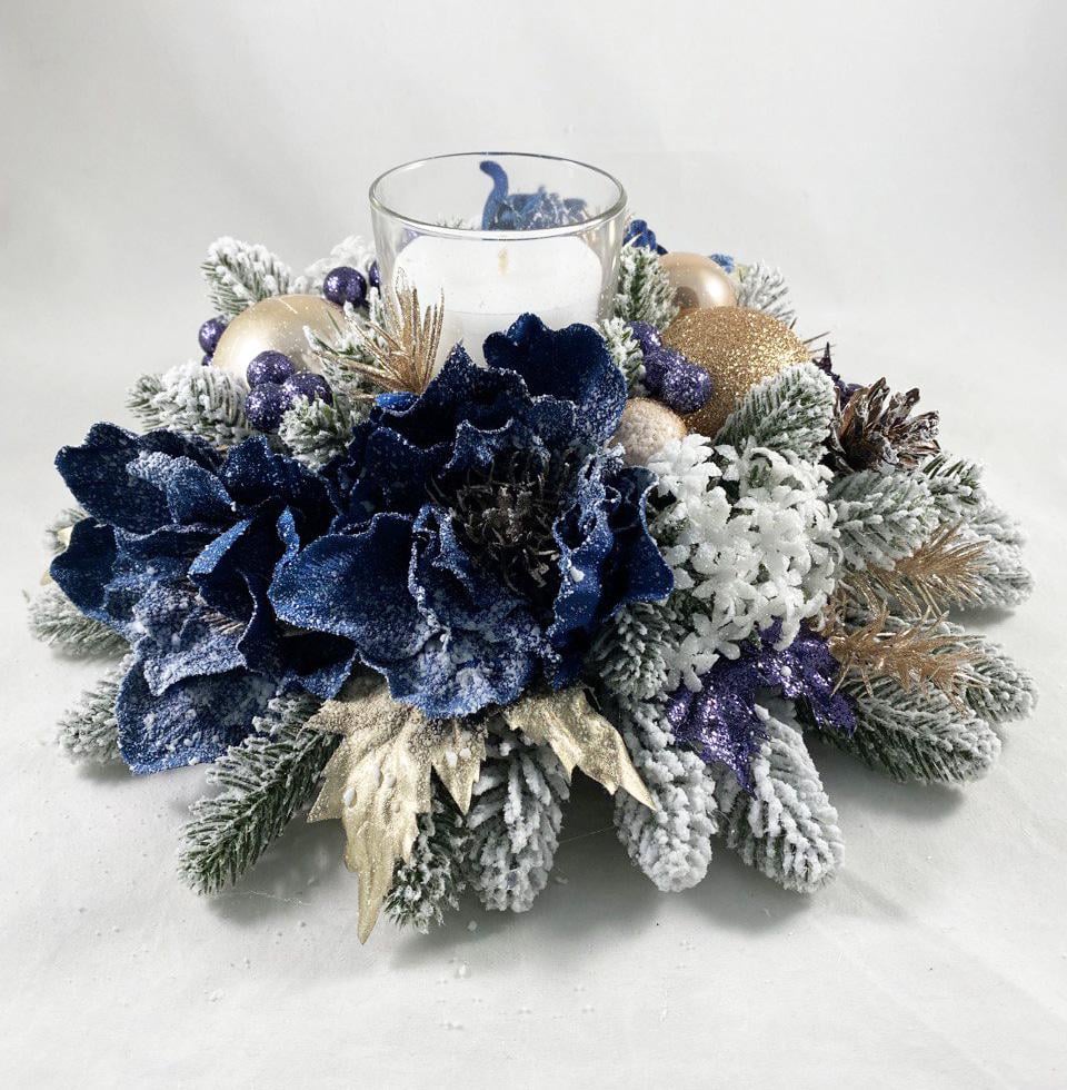 Композиция новогодняя со свечой Снежная магнолия 15 см Синий/Белый/Бежевый (9207924)