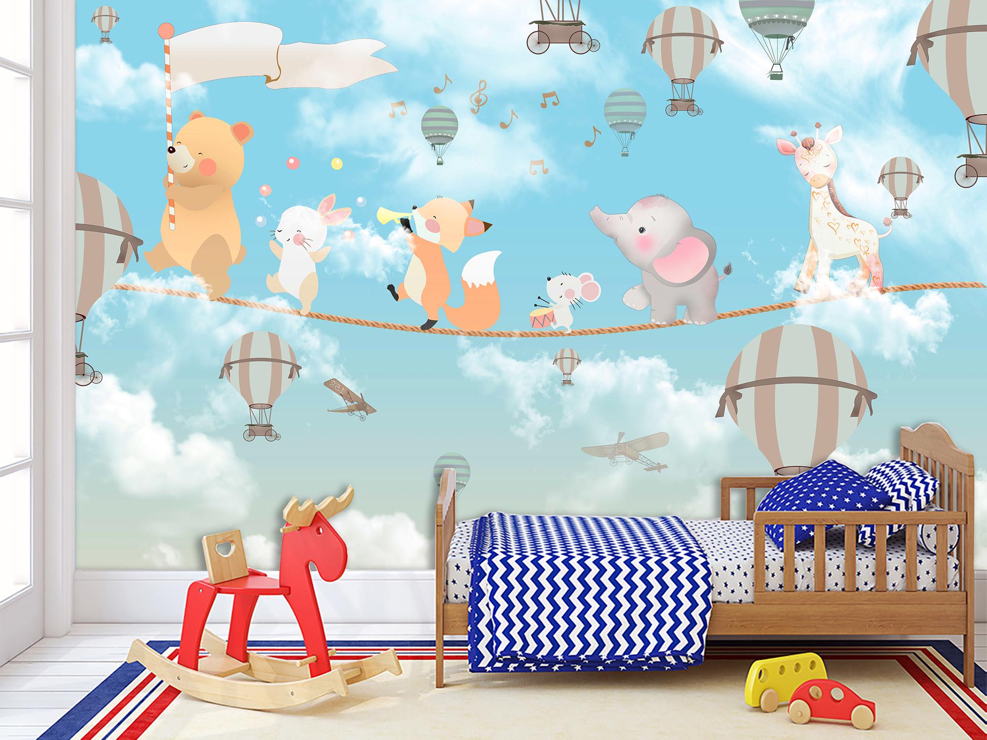 Фотообои флизелиновые Милые зверюшки на канате на фоне неба 345х230 см (S5KID-039/6)