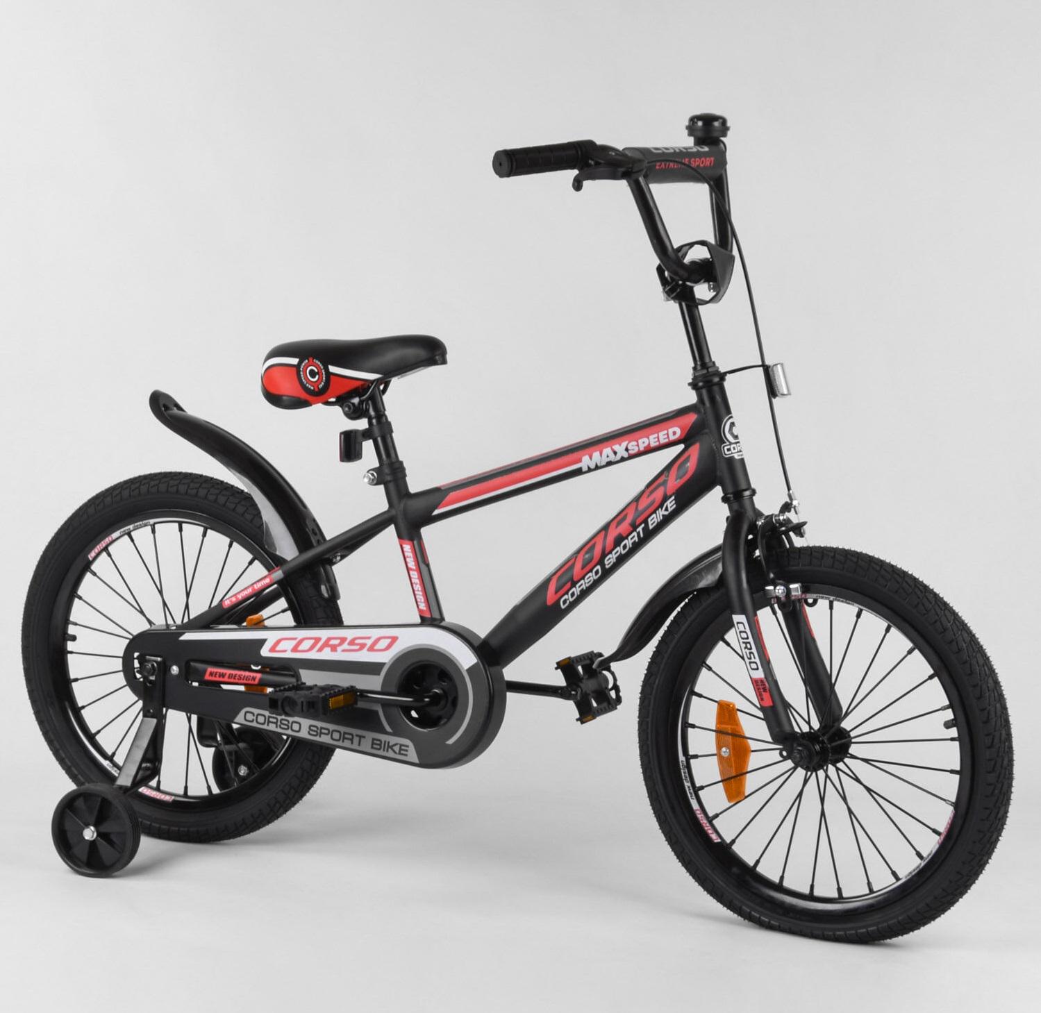Велосипед дитячий 2-х колісний Corso 18" зібраний на 75% сталева рама сталеві протиударні диски з посиленою спицею Black/Red (101991)