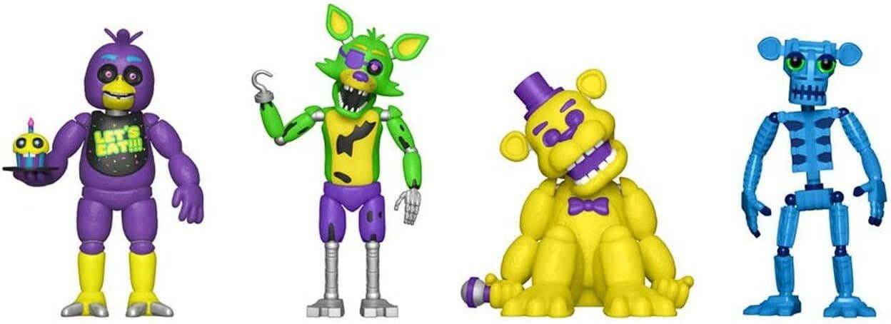 Набор фигурок коллекционный Фнаф Blacklight Five Nights at Freddy's Blacklight Фредди Скелетон Чика и Фокси в подарочной упаковке 4 шт.