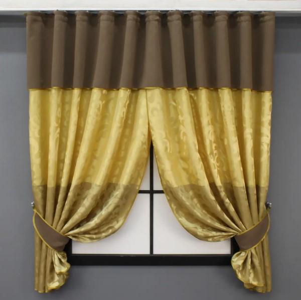 Шторки с ламбрекеном/подвязками 270х170 см Золотистый/Коричневый (073к)