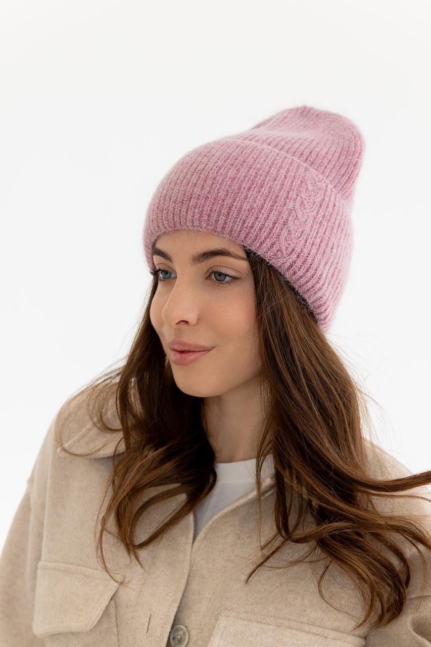 Шапка женская вязаная из ангоры с орнаментом и флисовой подкладкой Пудровый (2767419725)