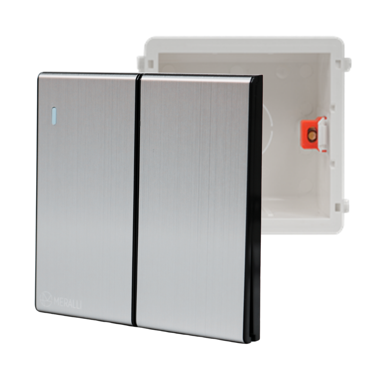 Комплект вимикач прохідний 2 клавішний MERALLI INOX безрамковий/квадратний підрозетник MERALLI горизонтальний Білий