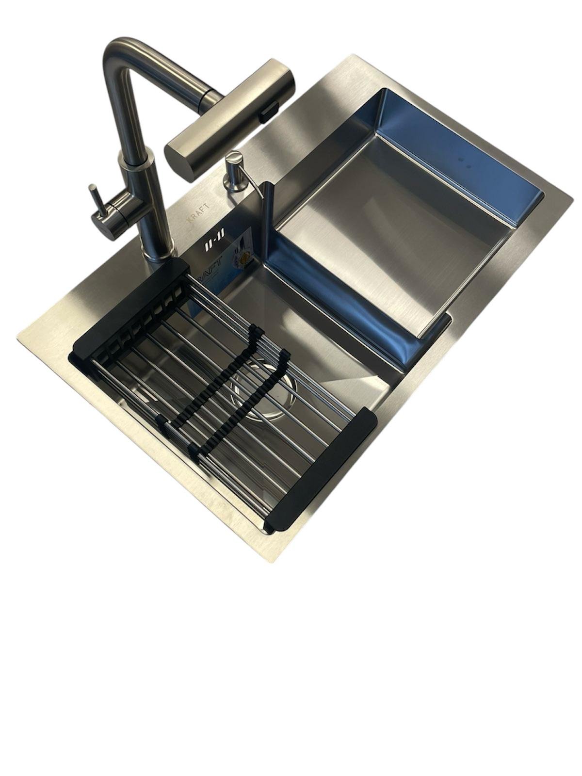 Мойка кухонная Kraft 7848 АL левая/смеситель для кухни Aria 015FLT с выдвижным изливом