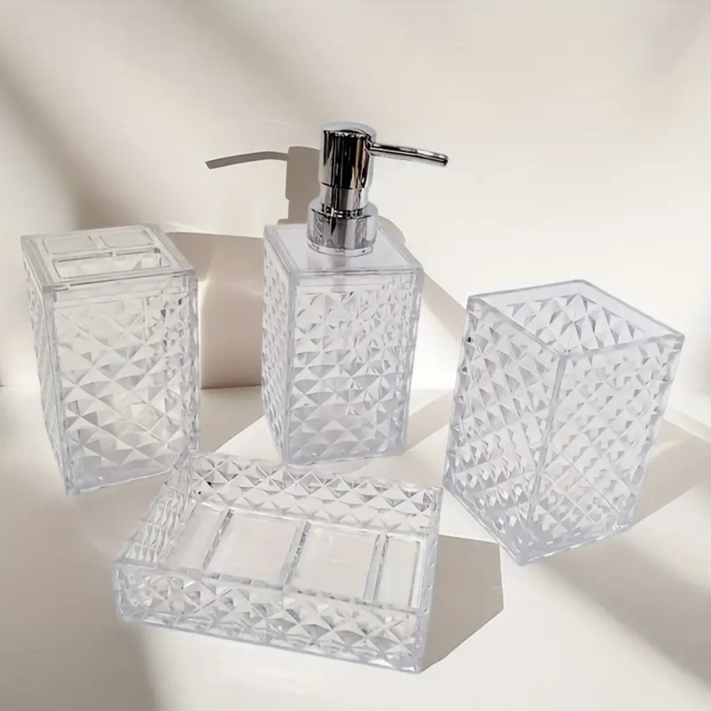Набор аксессуаров для ванной комнаты и душа 4в1 дозатор для мыла мыльница и стаканы акриловый Прозрачный