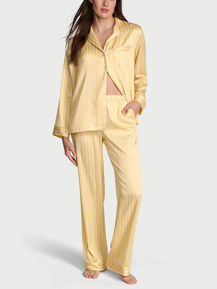 Піжама сатинова сорочка/штани Victoria's Secret Glazed Satin Long Pajama Set смужка Regular S Жовтий (26811474D)