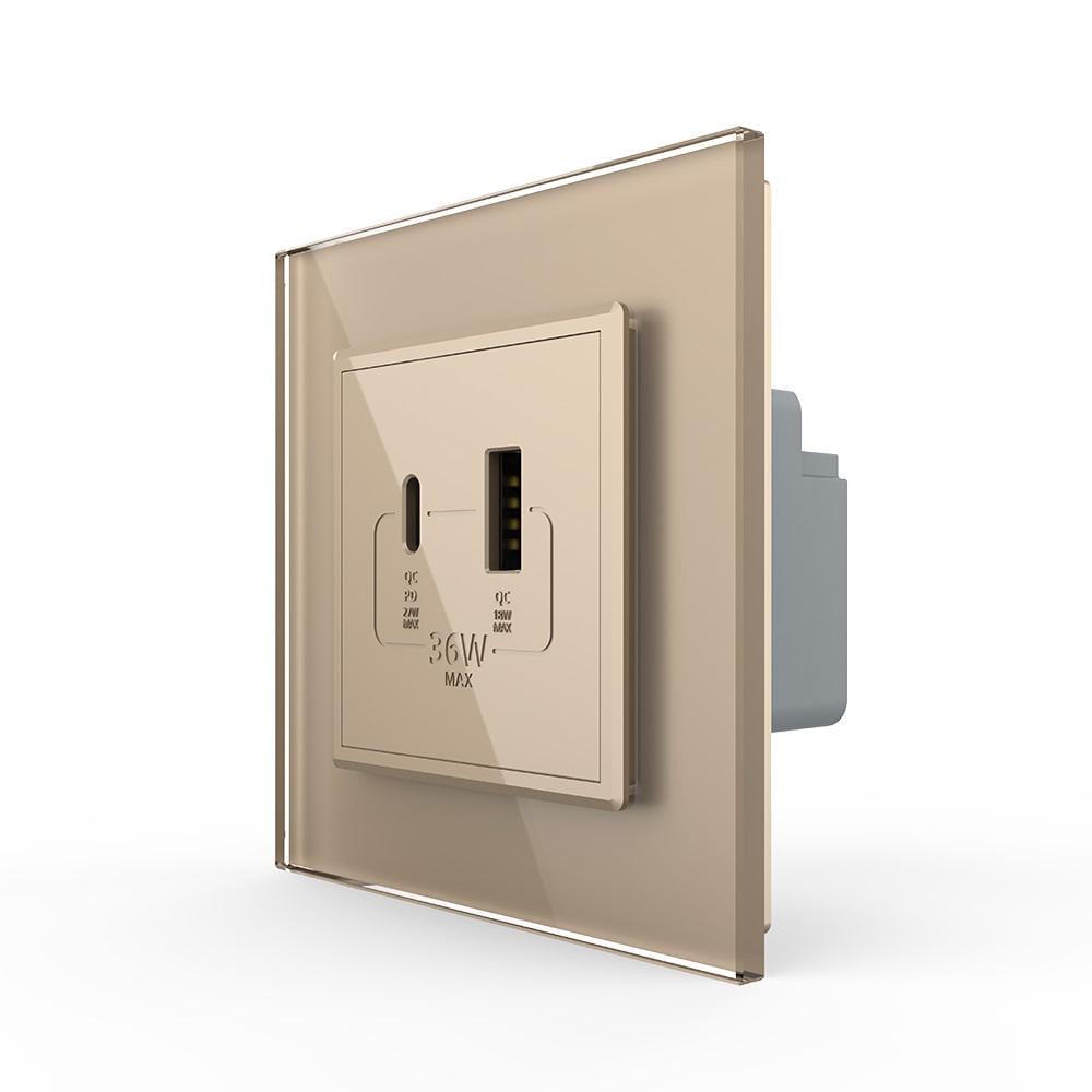 Розетка USB-A и USB-C 36 W стеклянный Золотой (VL-C7FCUA18W.UC18W-2AP)