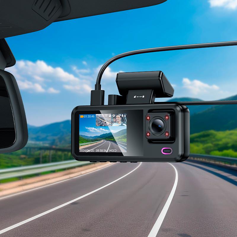 Відеореєстратор для авто Hoco DV15 Wi-Fi 720p/30FPS огляд 140° передня/салонна/задня камера Black (635261) - фото 7