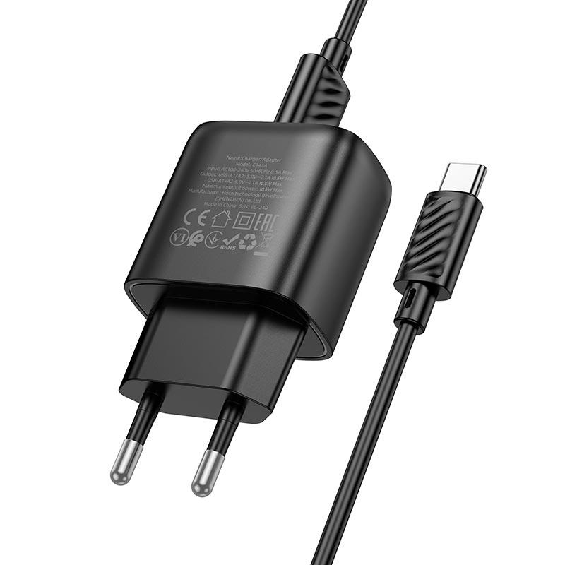 Зарядний пристрій мережевий Hoco Type-C Cable Smart dual-port charger C141A 10.5 Вт 2хUSB Чорний (609624) Зарядний пристрій мережевий Hoco Type-C Cable Smart dual-port charger C141A 10.5 Вт 2хUSB Чорний (609624)