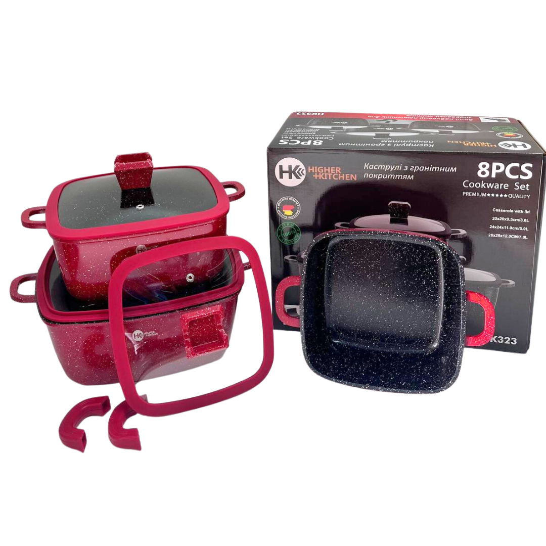 Набір каструль Higher Kitchen HK-323 із гранітним антипригарним покриттям 8 предметів Червоний - фото 3 Набір каструль Higher Kitchen HK-323 із гранітним антипригарним покриттям 8 предметів Червоний - фото 3