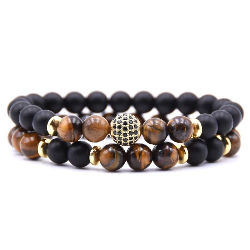 Комплект браслетів із шунгіту та тигрового ока з кулею р. 23 (12017)