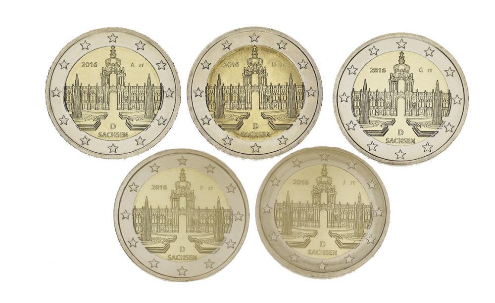 Коллекционные монеты Германия 5 шт. по 2 евро 2016 A/D/F/G/J UNC (М08400) Коллекционные монеты Германия 5 шт. по 2 евро 2016 A/D/F/G/J UNC (М08400)