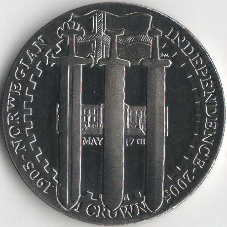 Коллекционная монета Остров Мэн 1 крона 2005 100 лет Независимости Норвегии UNC (KM#1282)
