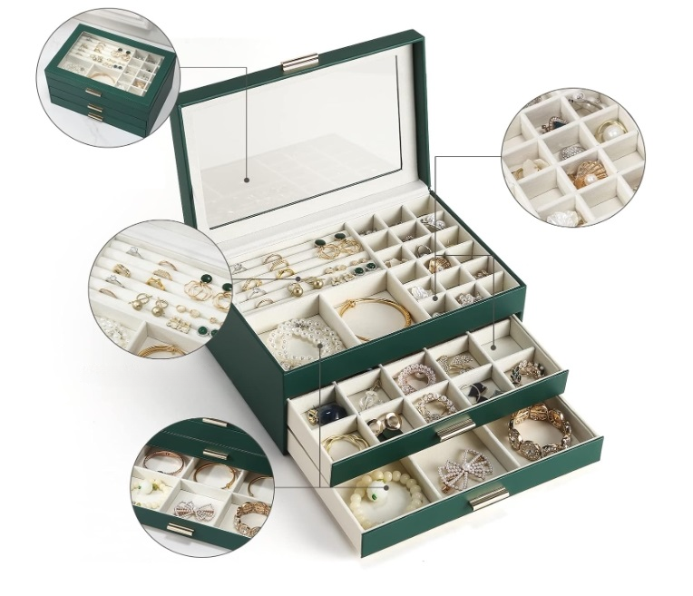 Шкатулка для украшений с крышкой многоуровневая 27х13х18 см Зеленый/Прозрачный (ШДД-29-4) - фото 3 Шкатулка для украшений с крышкой многоуровневая 27х13х18 см Зеленый/Прозрачный (ШДД-29-4) - фото 3