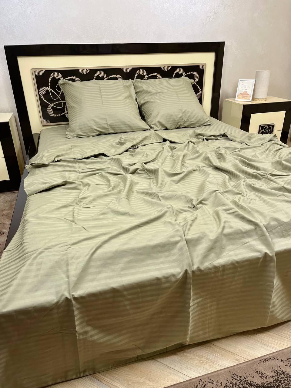 Комплект постельного белья Полоска хлопковое страйп сатин двуспальное 180x220/70x70 см Оливковый (15005085)