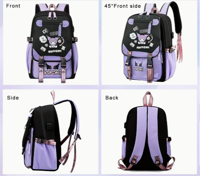 Школьный рюкзак для девочки KUROMI в японском стиле с помпоном и USB-кабелем (991944488) - фото 5 Школьный рюкзак для девочки KUROMI в японском стиле с помпоном и USB-кабелем (991944488) - фото 5