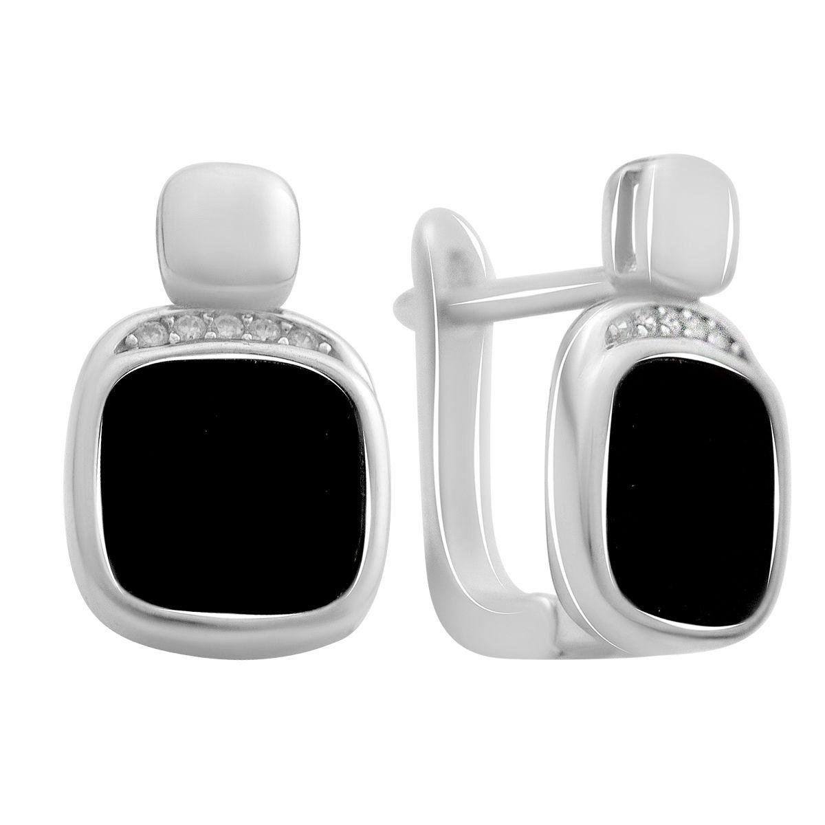 Серьги серебряные с ониксом и вставками из фианитов