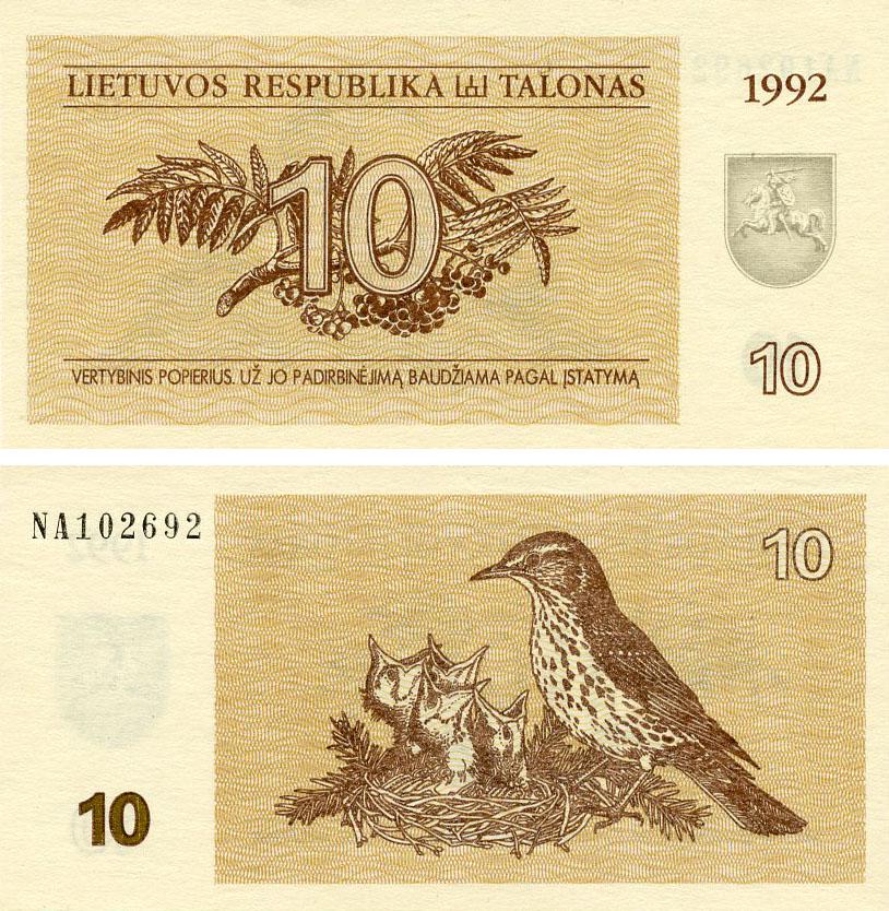 Колекційна банкнота Литва 10 талонів 1992 AU-UNC Птахи (P40)