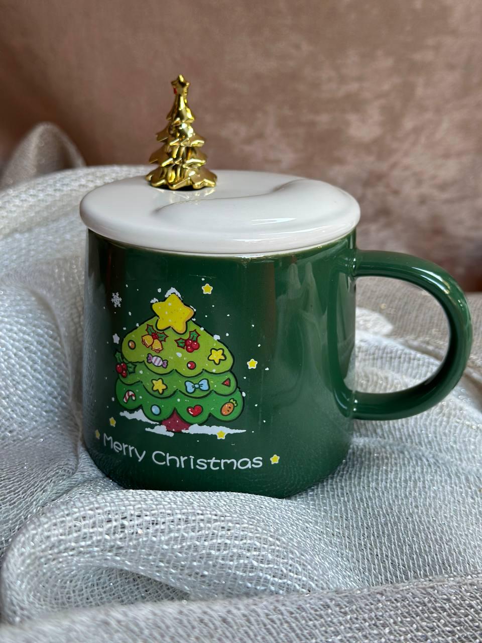 Чашка Happy Life Merry Christmas керамическая с крышкой и ложкой 400 мл Зеленый (HPCY8279GR)