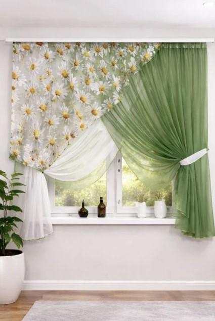 Комплект штор с подвязками на кухню 310х170 см Зеленый/Белый (502к)