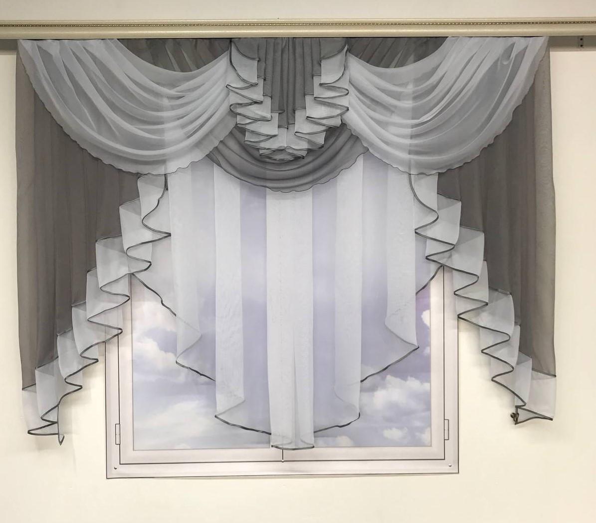 Готовый тюль с ламбрекеном из шифона ALBO 200x160 см Серый (KU-178-35)