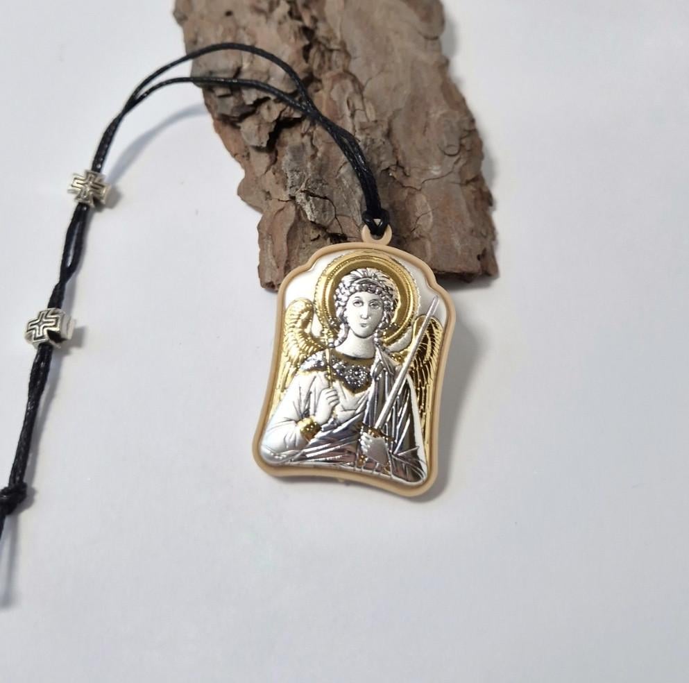 Икона автомобильная Двусторонняя ладанка Семистрельная Богородица Ангел Охранник Серебро 925 пробы Позолота